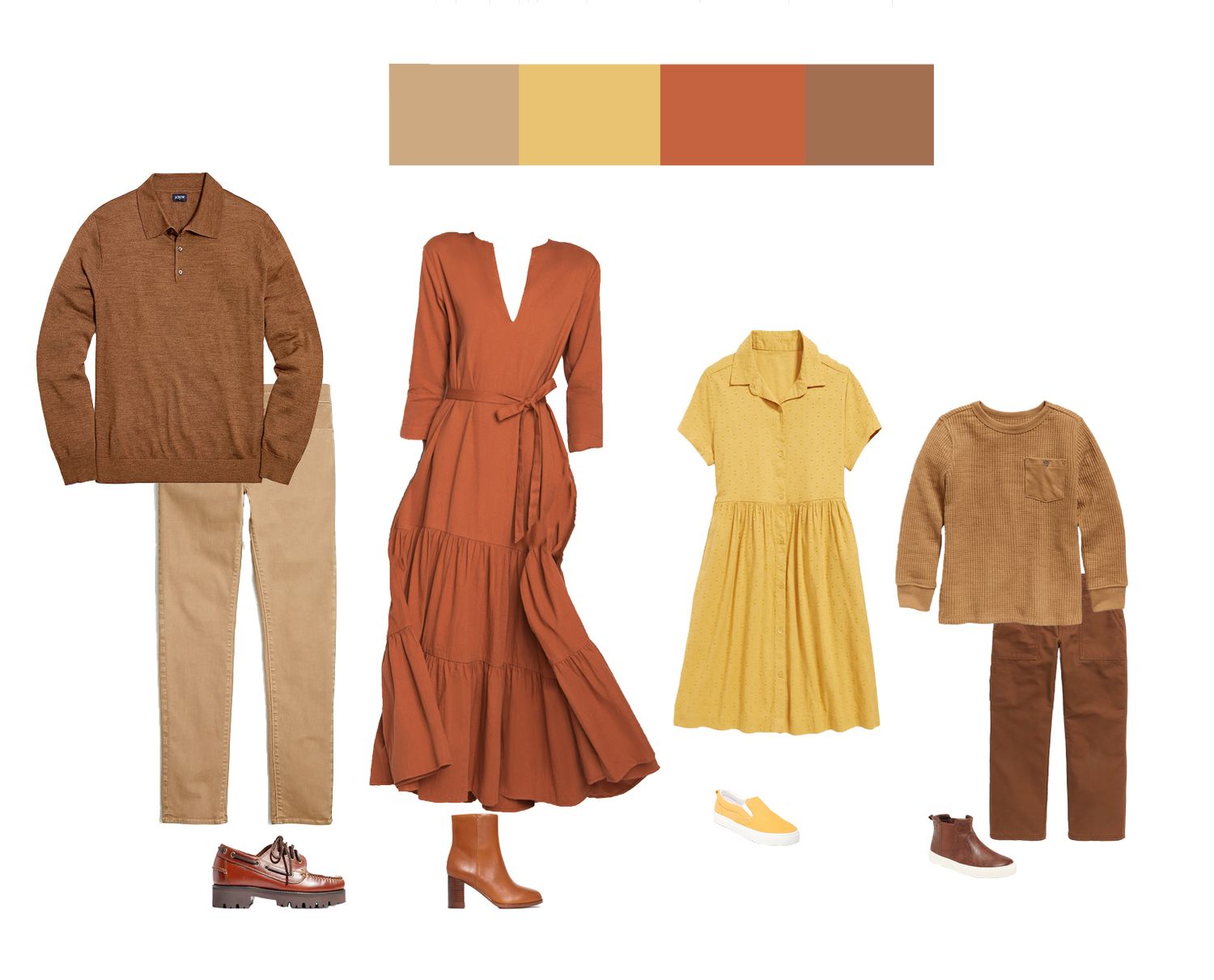 earthy tone color scheme for family photoshoot clothing selection in terracotta mustard cream brown shades