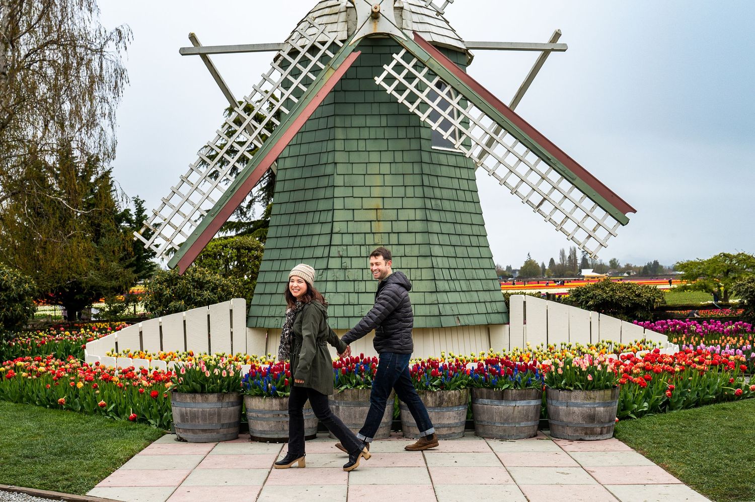 Tulip gardens couple's photoshoot, Roozengaarde Gardens in Mount Vernon, WA.