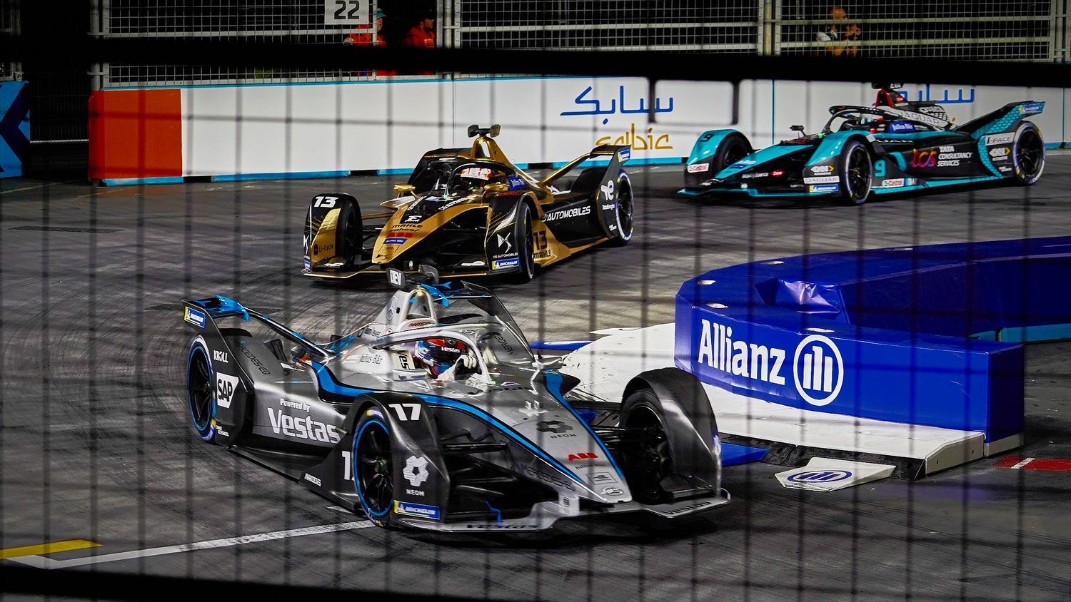 Some On-track action between Nyck de Vries, Sebastian Buemi & Sam Bird during the Formula E London E-Prix at ExCeL London - 31st July 2022.