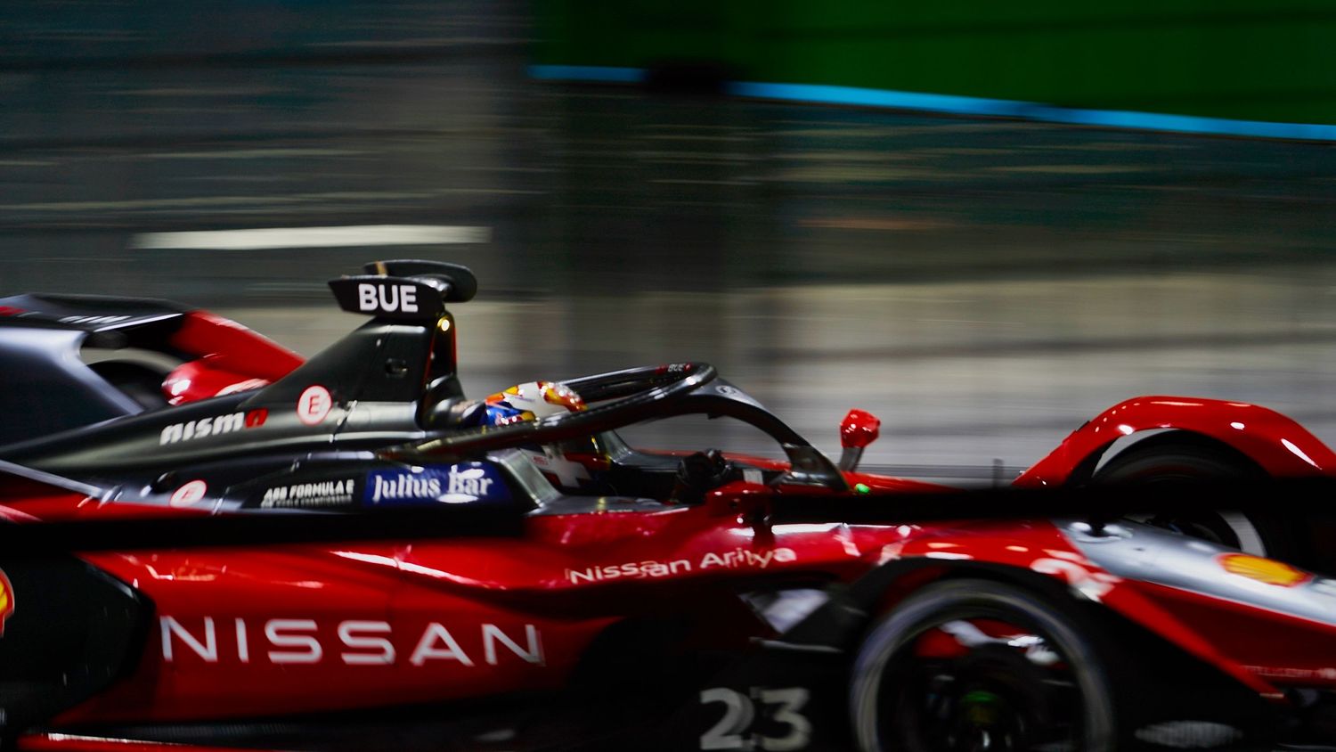 Pan movement shows fast acceleration as Antonio Felix da Costa races through a corner during the Formula E London E-Prix – 31st July 2022.