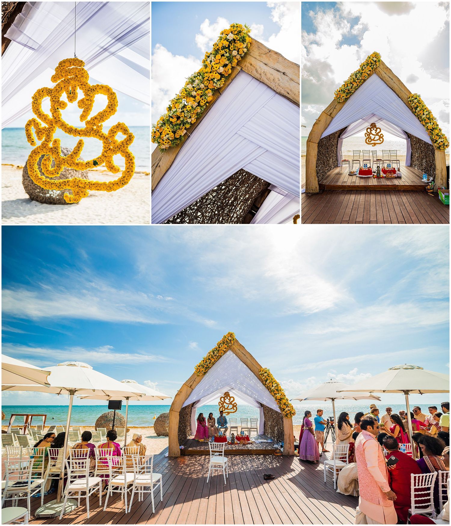 Decorative wedding mandap with yellow floral arrangements and Ganesh symbol overlooking ocean.