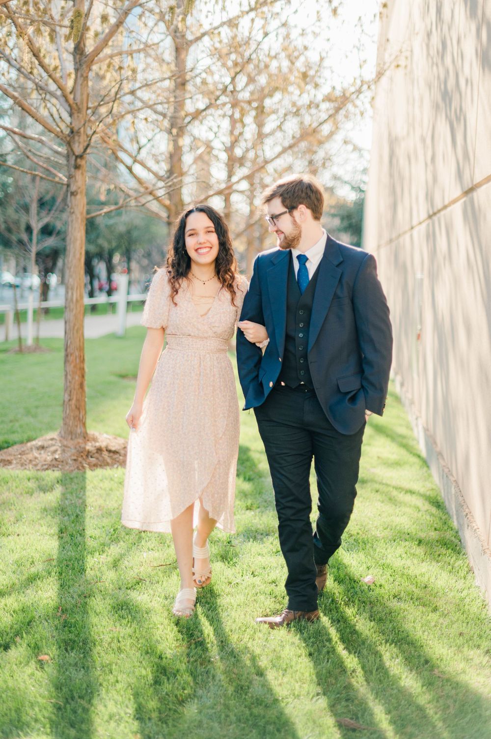 Spring time engagement session for Catholic couple at Myriad Gardens and Downtown Oklahoma City, OK.