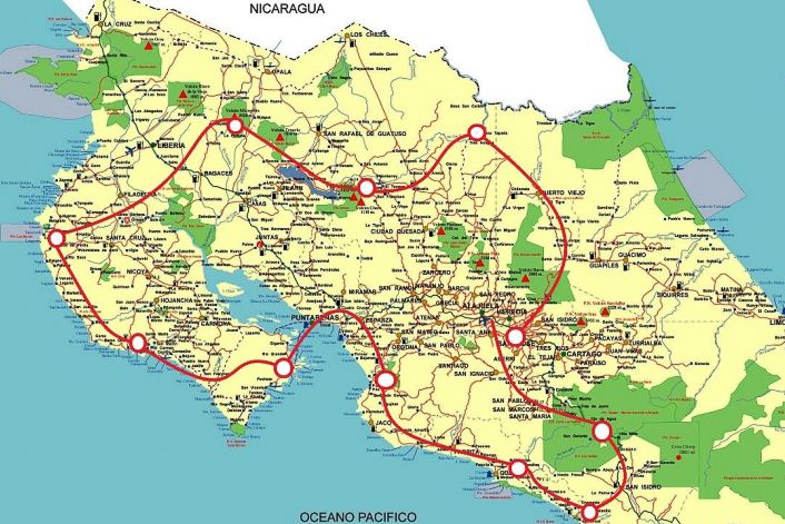 Detailed road map of Costa Rica showing major highways, cities and national parks.