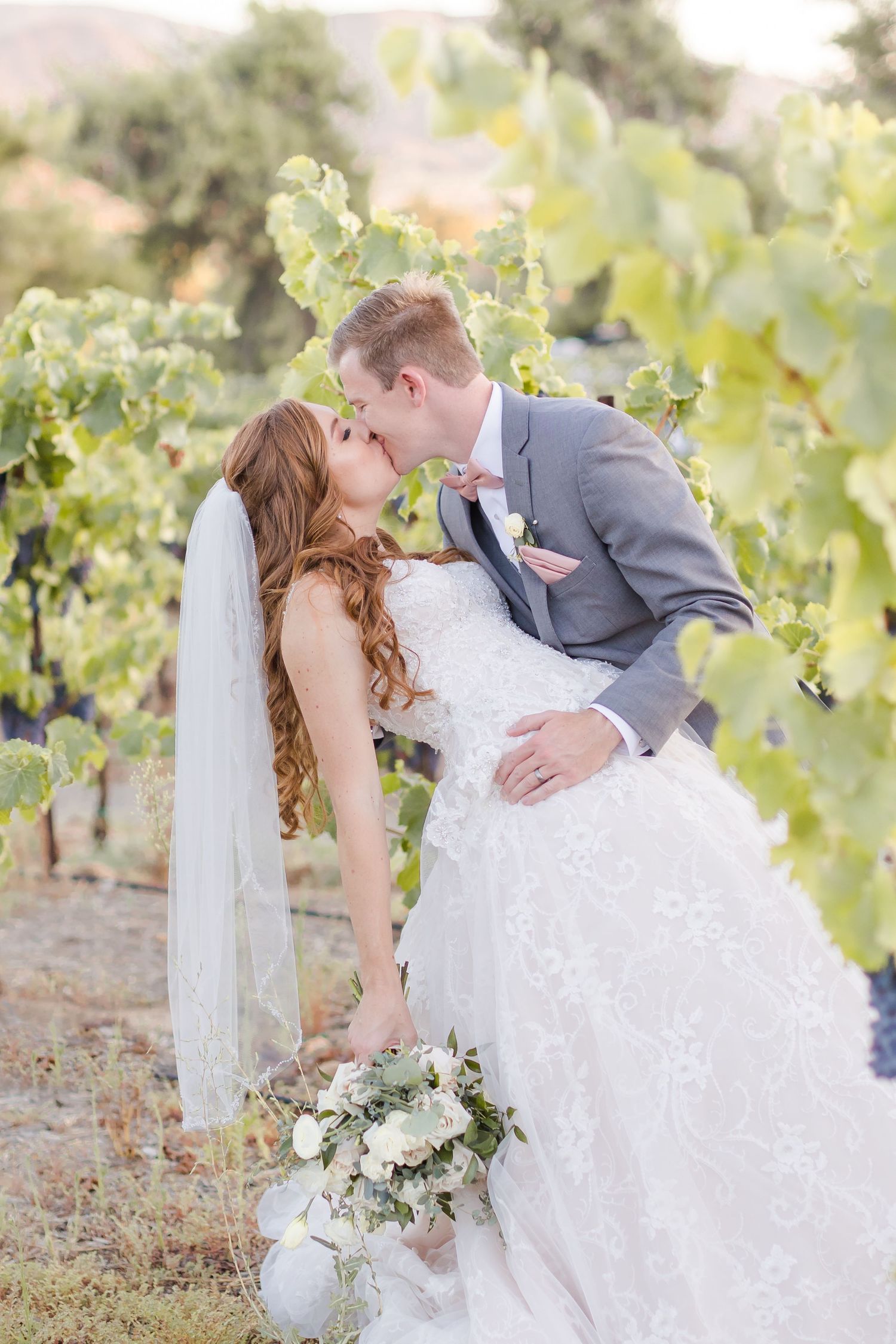 Bride and groom outdoors at a winery dip kissing