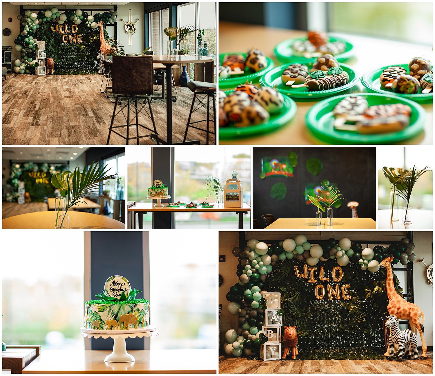 A collection of party setup images featuring green decorations and woodland themed elements.
