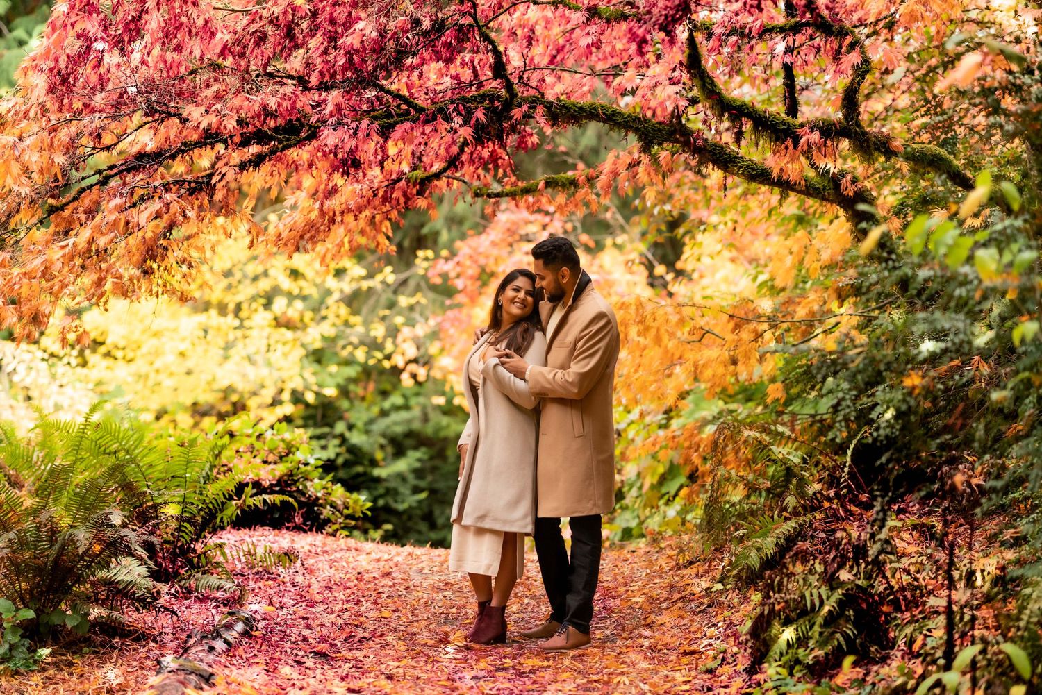 A romantic autumn scene with colorful fall foliage and a couple embracing on a garden path.