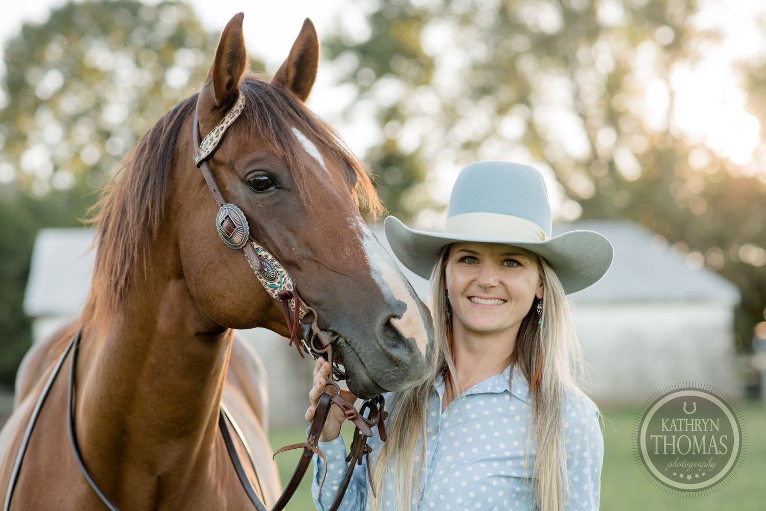 A close-up shot of a beautiful brown horse with its handler wearing a gray cowboy hat.