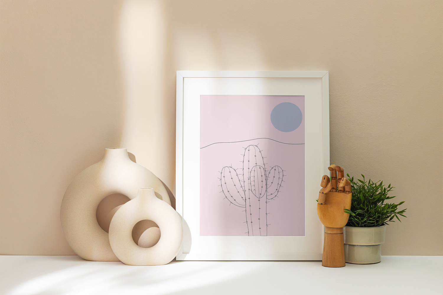 Clean minimalist wall display with neutral tones and simple decorative elements.