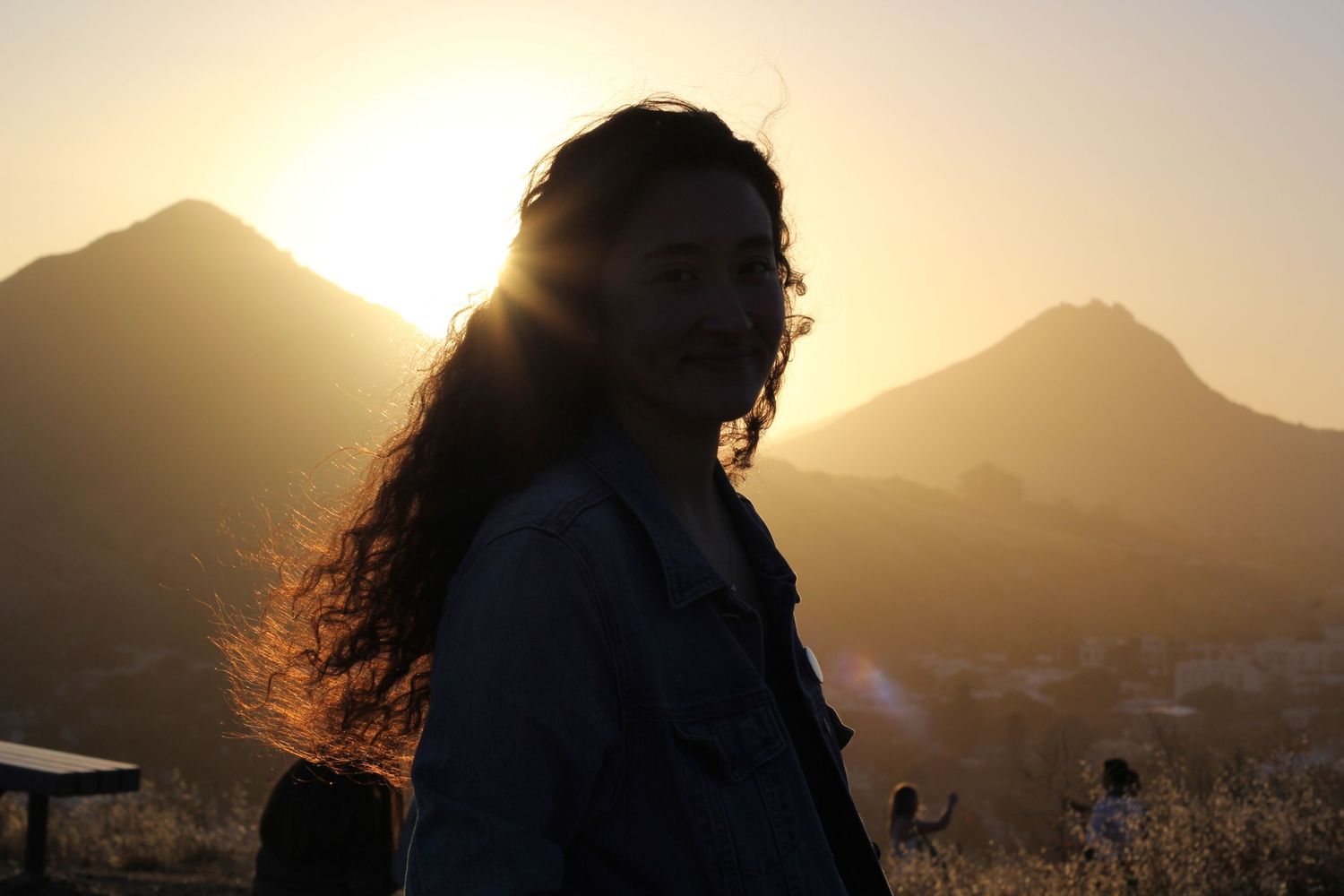 Silhouette of a person with flowing hair against mountain landscape at sunset.