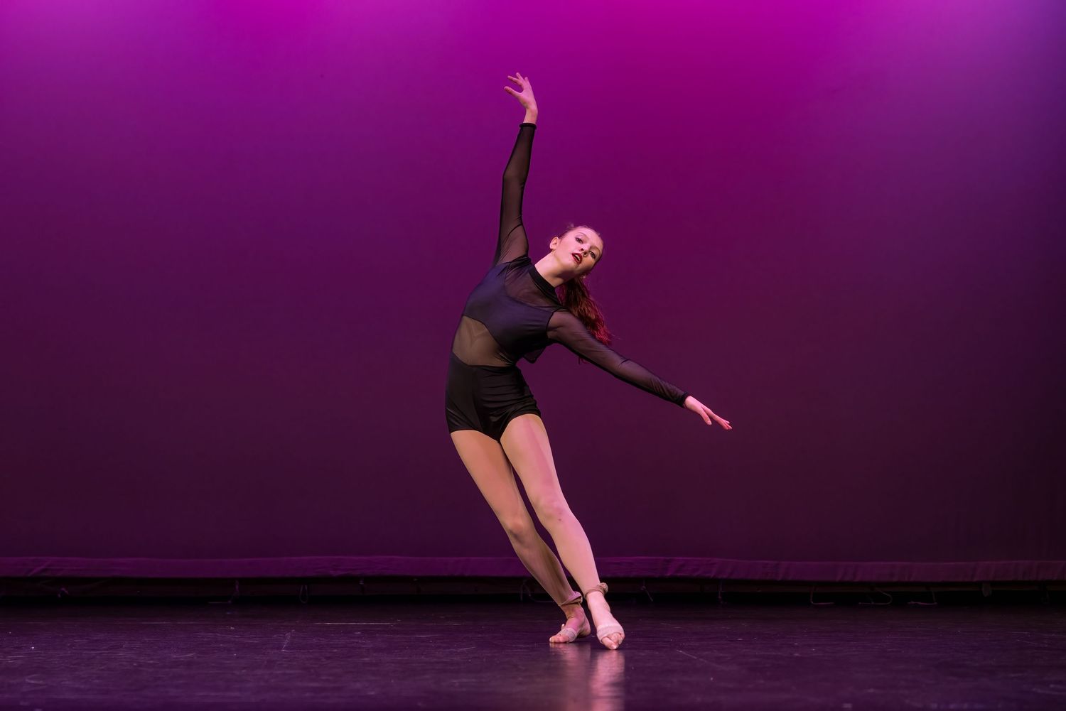 Contemporary dancers perform on stage with dramatic purple lighting and flowing movements.