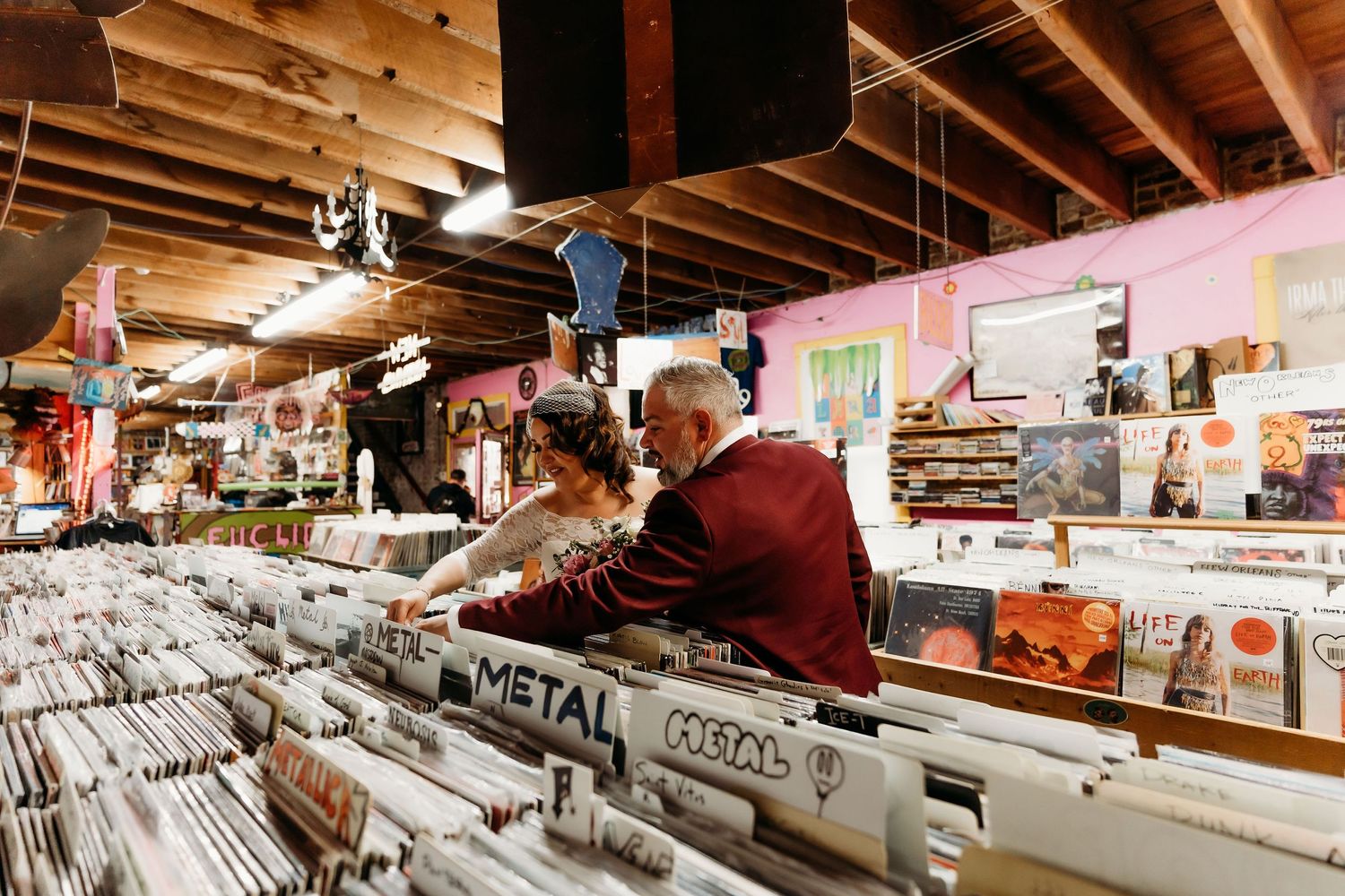 A bride and groom sort through vintage records at the Euclid Records store in New Orleans.