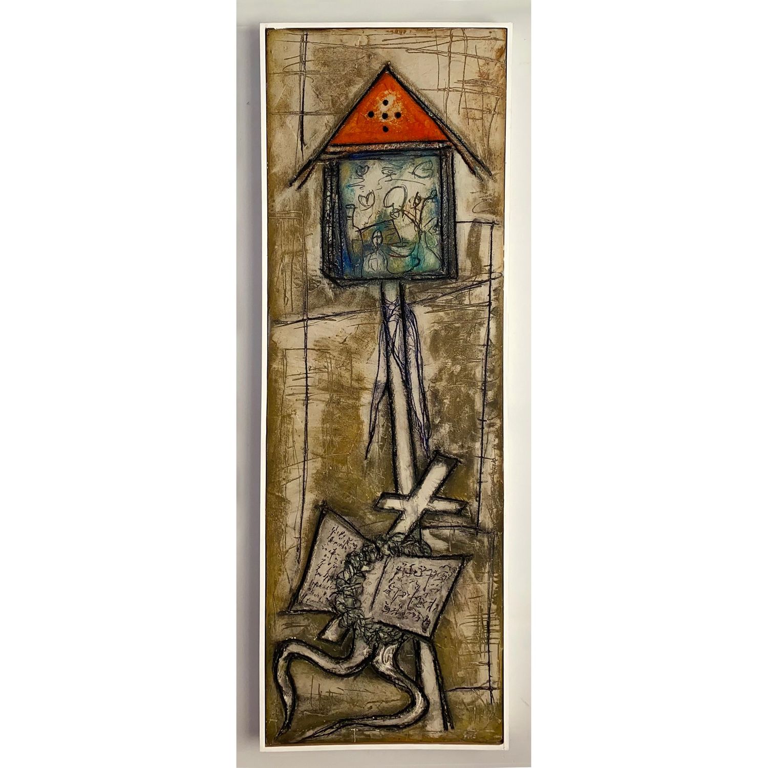 Homage To Koctnya mixed media painting on canvas. Long vertical painting