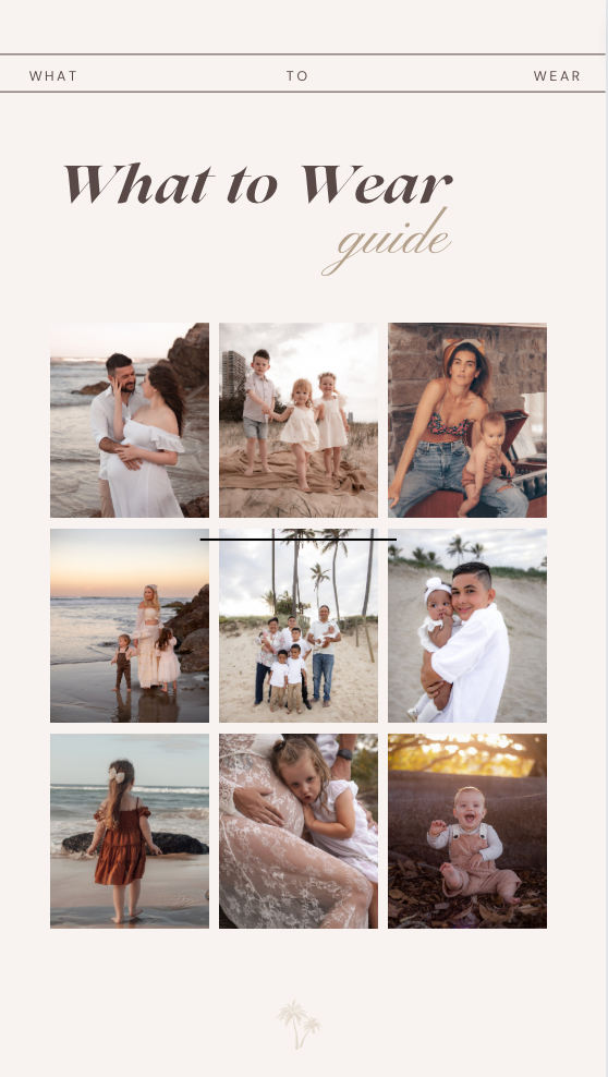 A lifestyle photography guide showing various beach and family photo session examples.