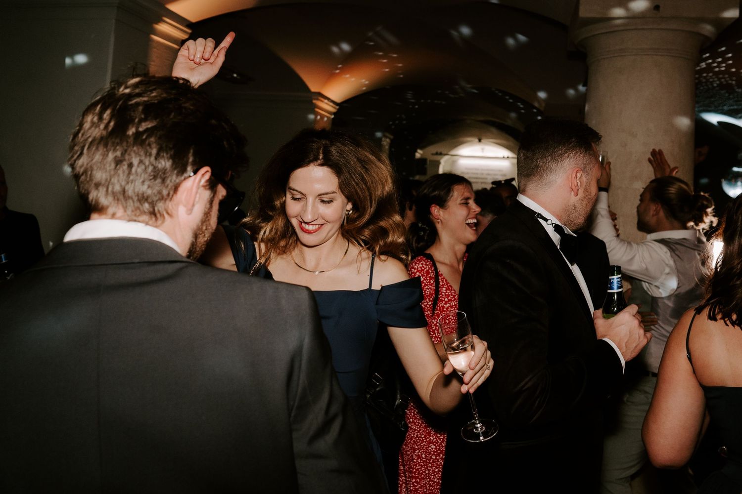 wedding guests dancing on the dance floor in the vaults at the ashmolean museum in Oxford
