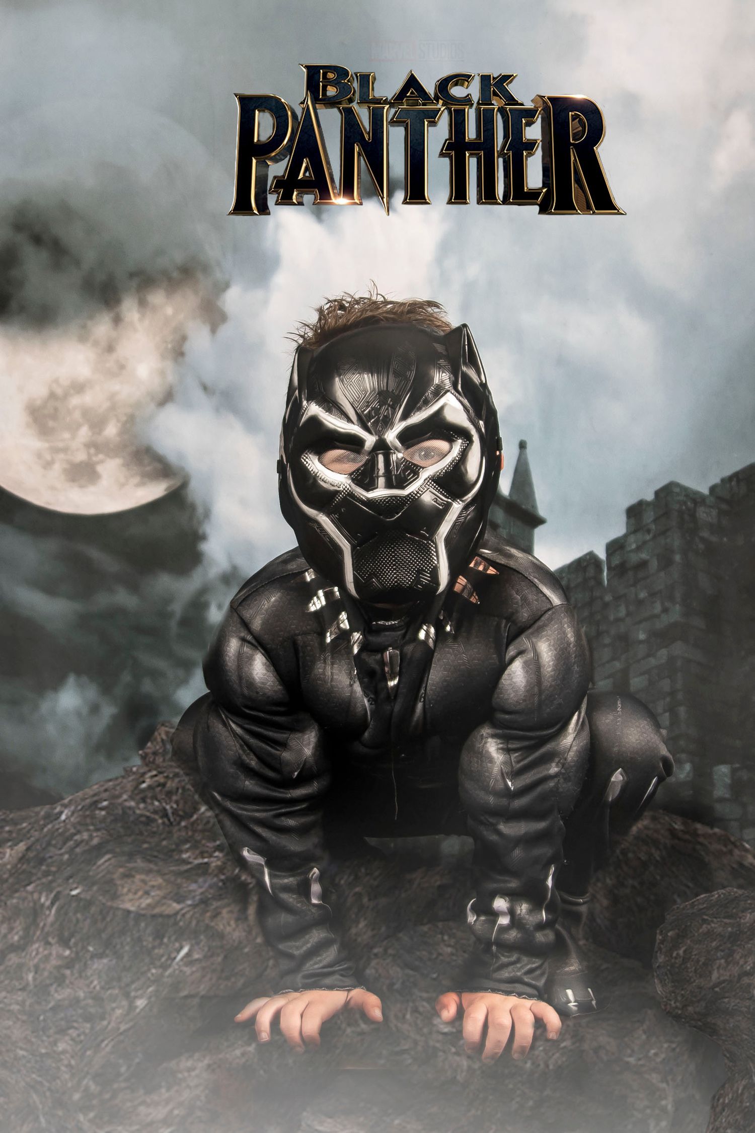 Black Panther costume photo with dramatic lighting and smoke effects against city skyline.