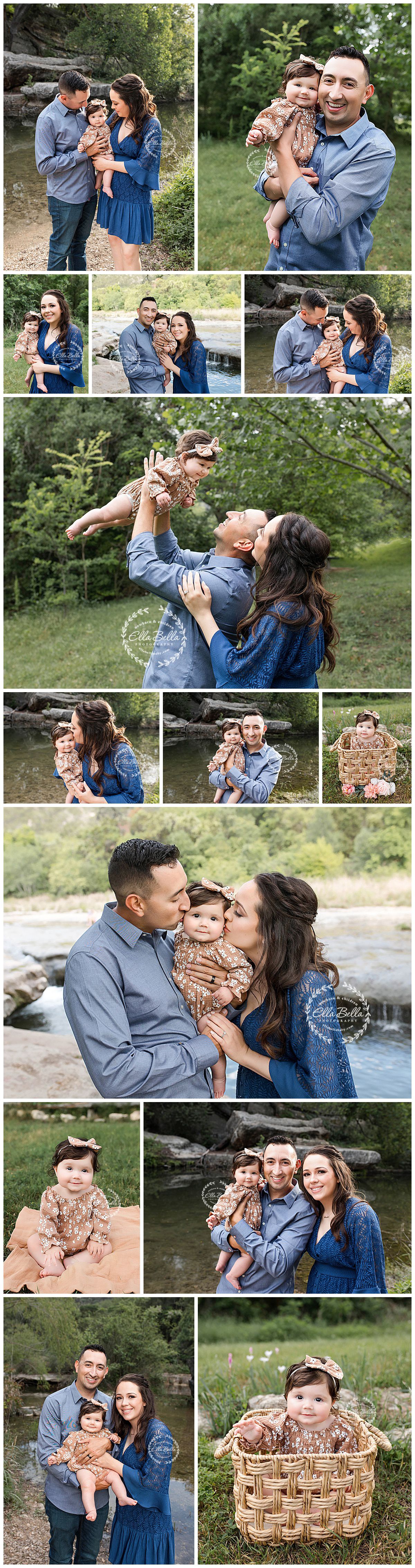 Outdoor family photo session by a creek showing playful moments in coordinating blue outfits.