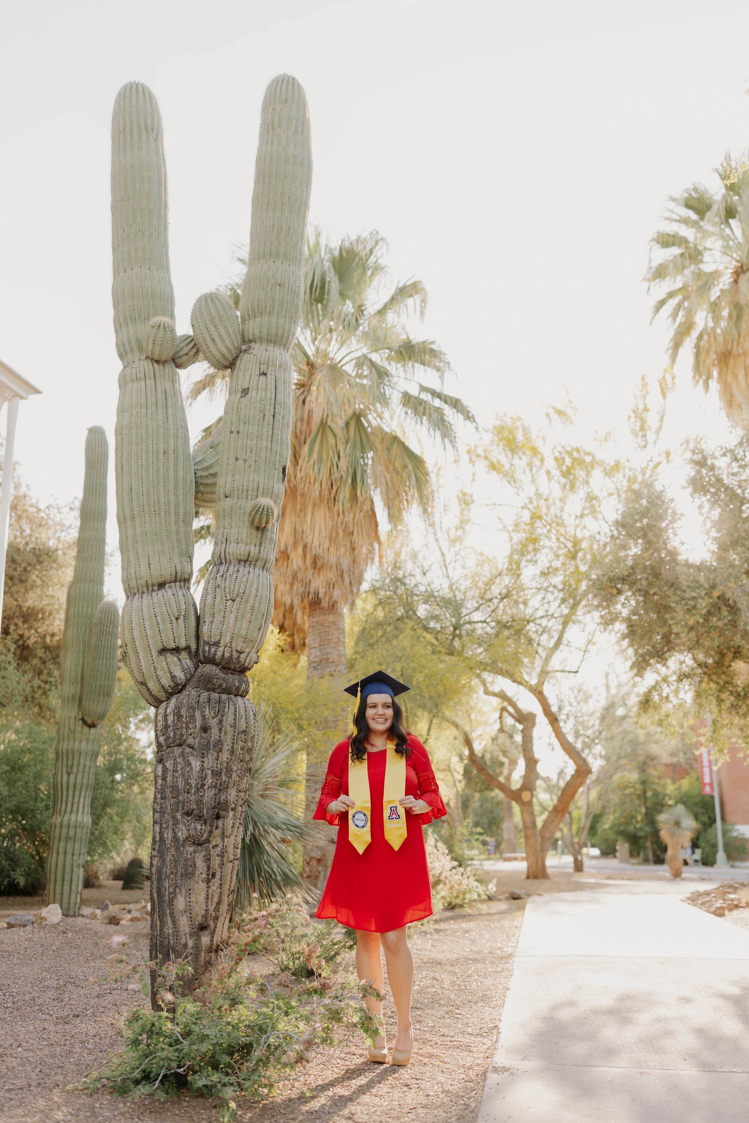 Graduation photos in a desert garden with tall saguaro cacti and palm trees in the background.