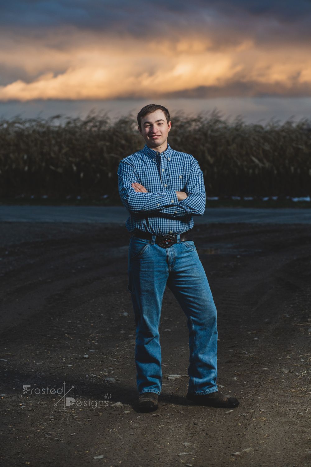 High school senior on dirt road in front of a farms corn field at sunset.