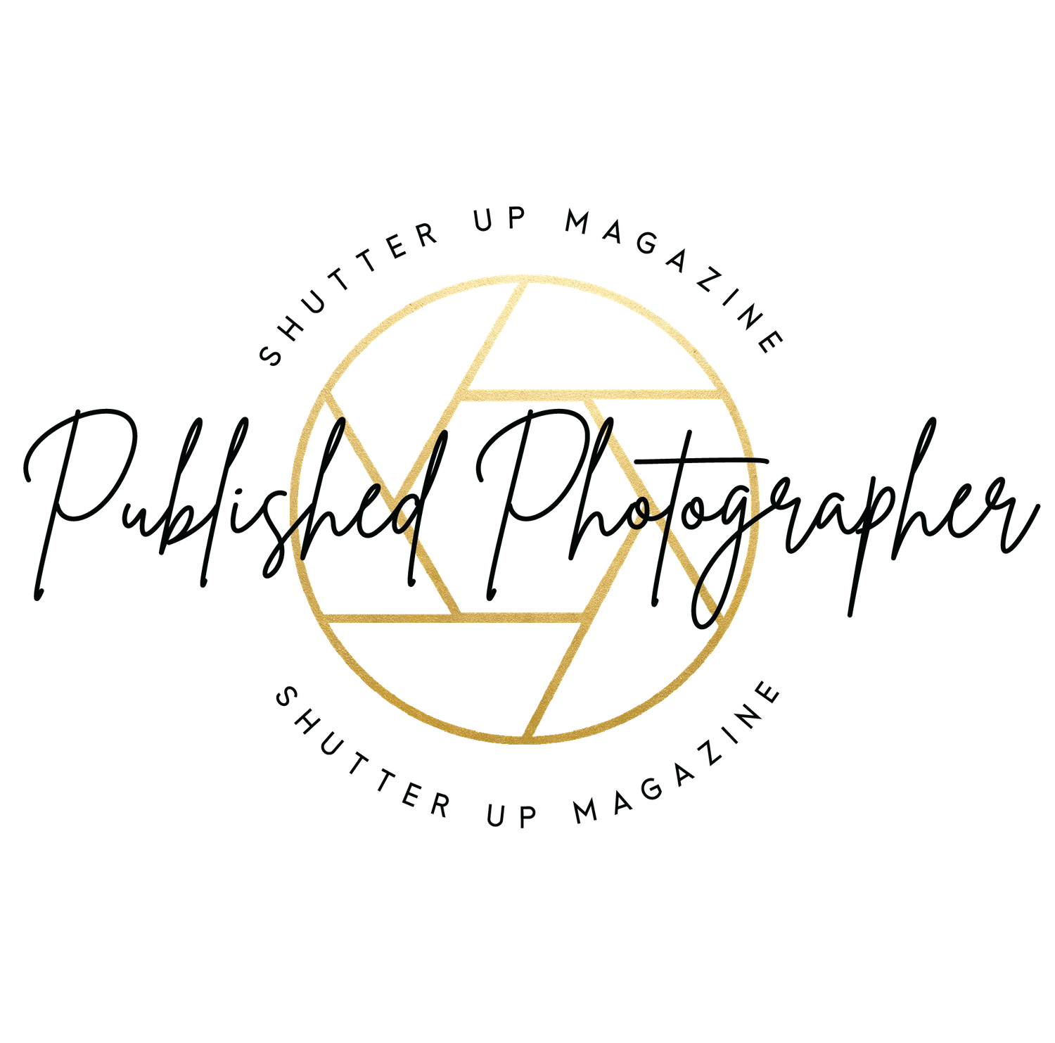 Shutter Up Magazine Published Photographer badge logo in black script with gold camera aperture design.