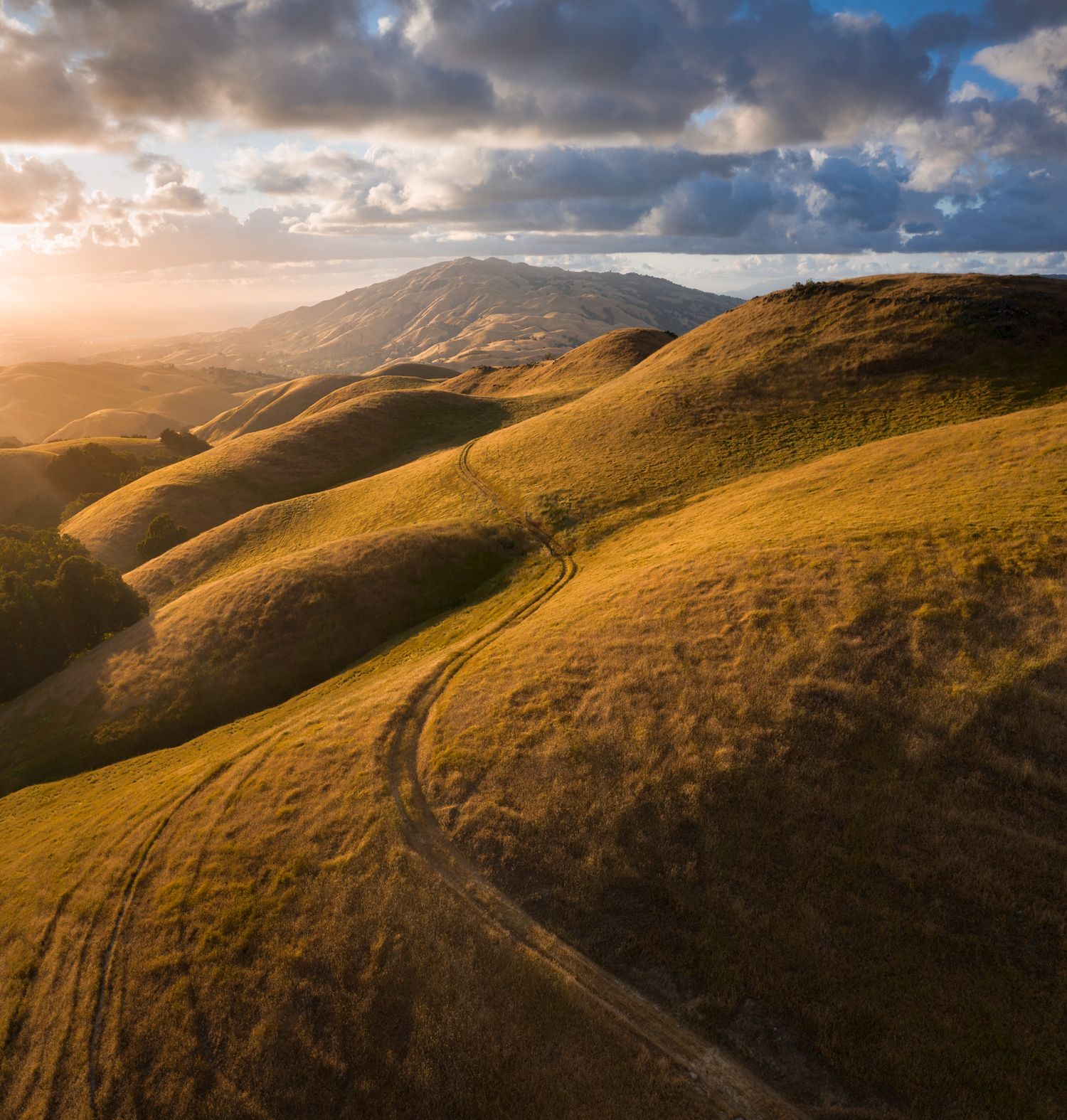 Golden hills and winding dirt path at sunset with dramatic clouds in background and mountain peaks in distance.