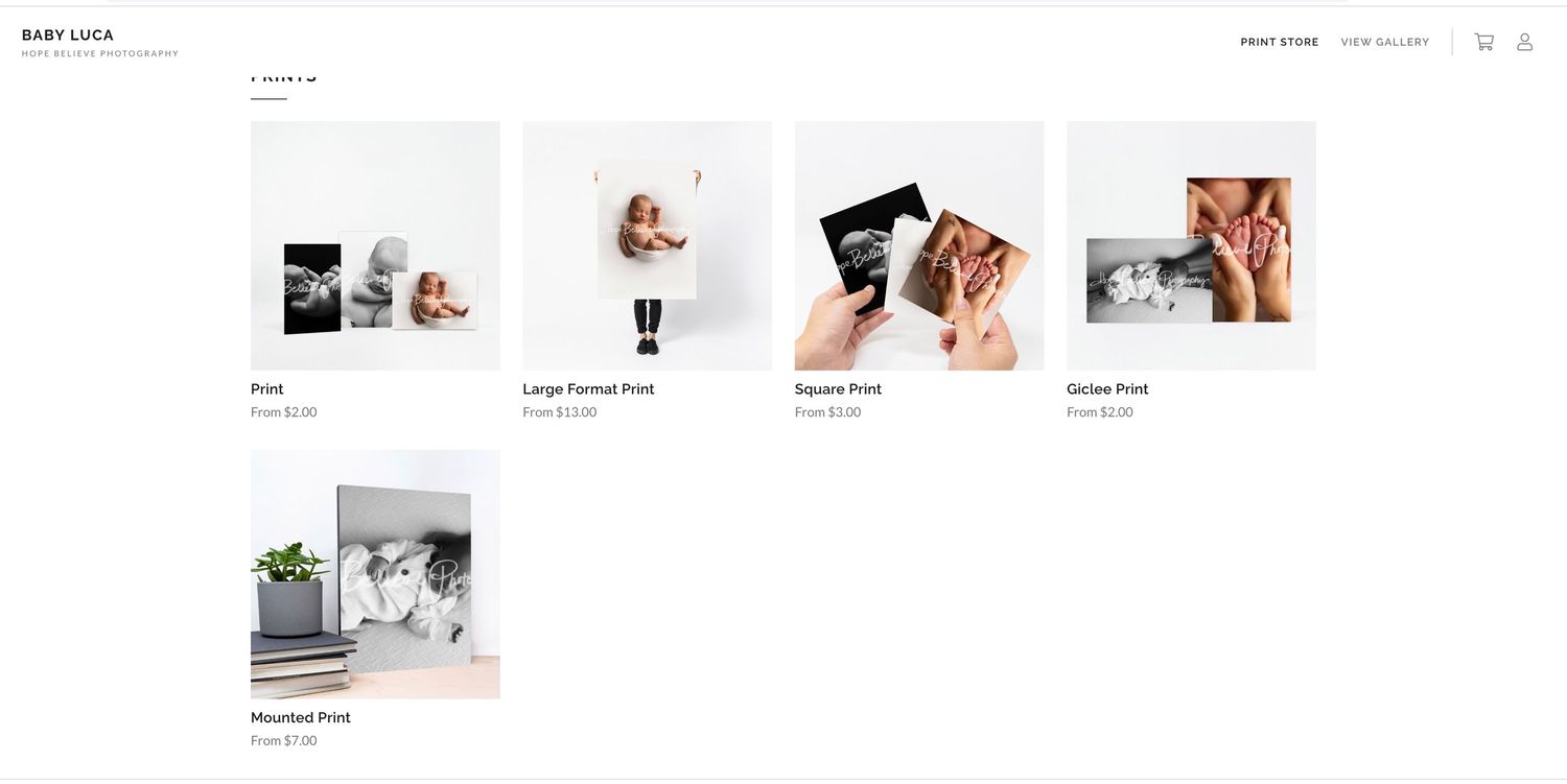 Screenshot of customized drag and drop options in Hope Believe Photography Printshop.