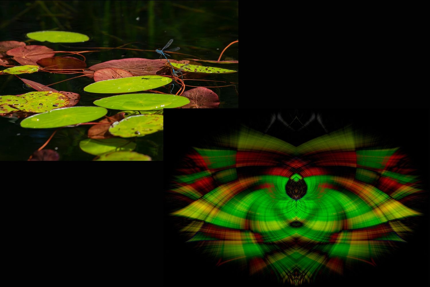 Split composition of lily pads on water and abstract green geometric pattern.
