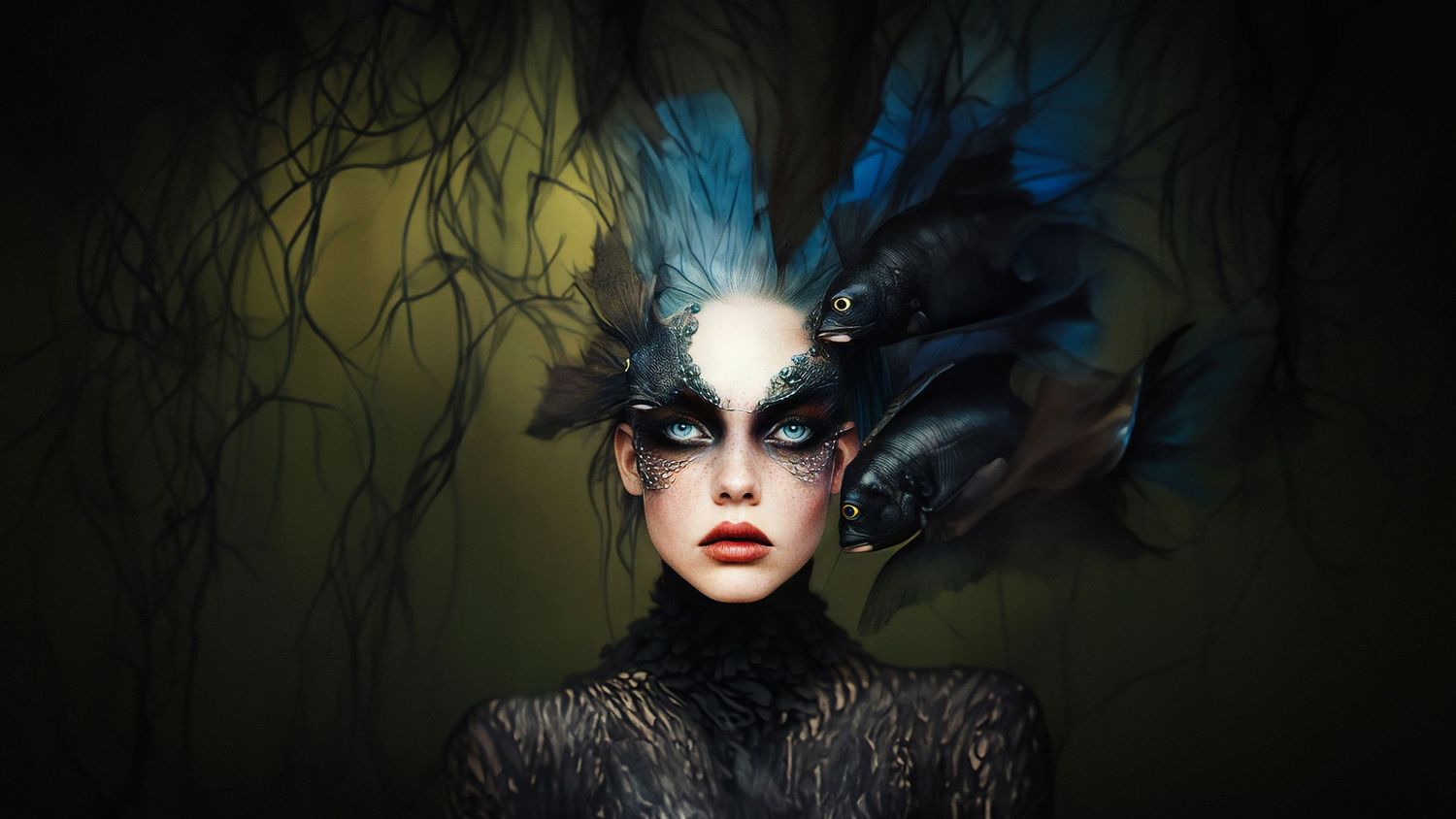 Gothic fantasy portrait with feathers and dramatic moonlit atmosphere.