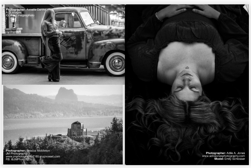 Black and white magazine spread featuring landscape and artistic photography compositions.