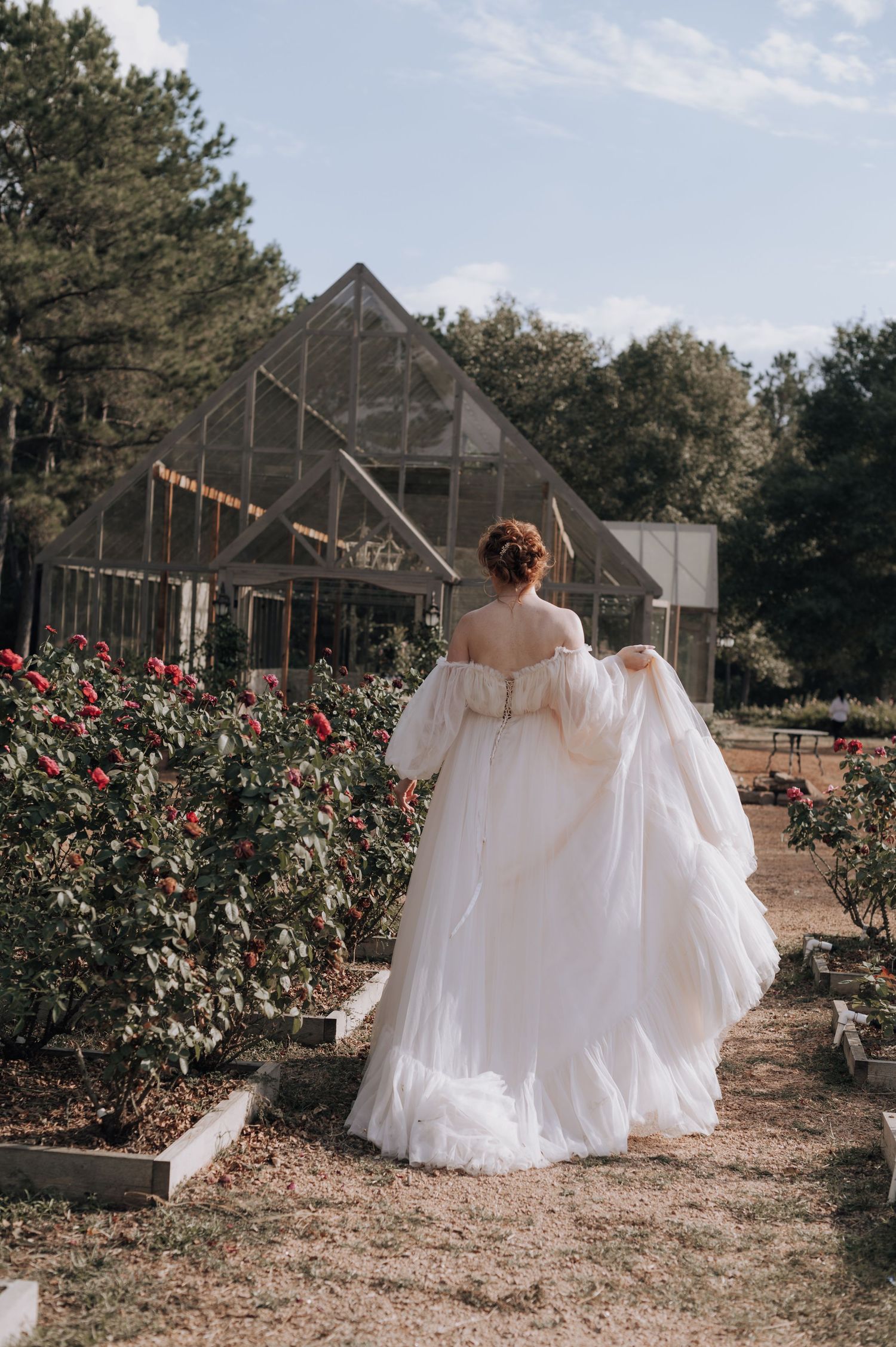 Back view of flowing wedding gown against greenhouse and rose garden landscape.