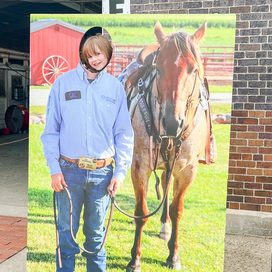 Horse and riding equipment displayed near a brick building at a fair.