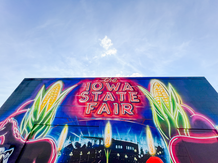 Neon-lit Iowa State Fair entrance signs glowing brightly at night.