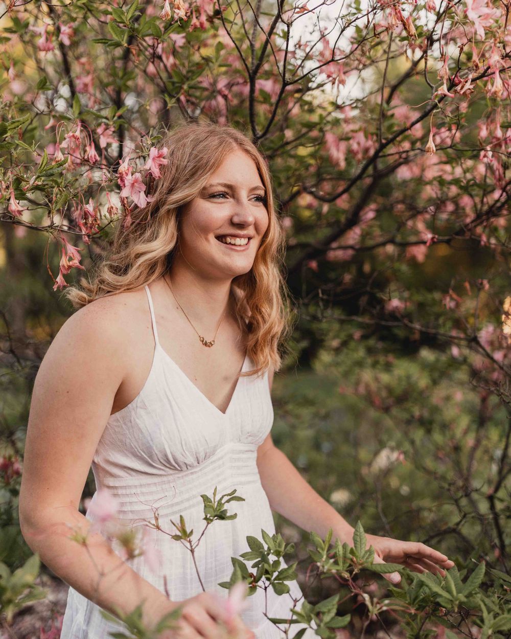 Senior portrait of female smiling in pink flowers at the Dubuque Iowa Arboretum and Botanical Gardens
