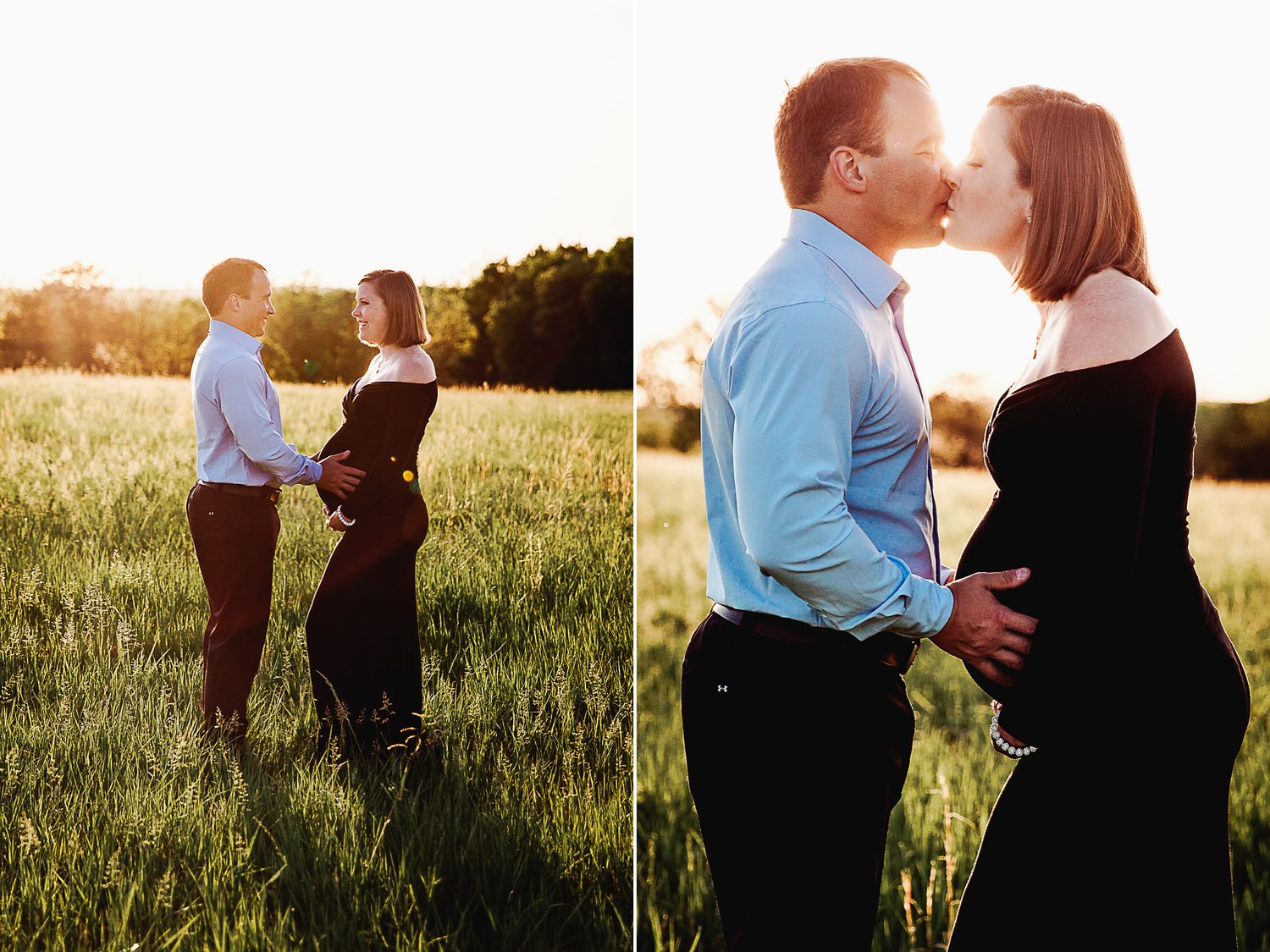 bright sunlight bathes couple in warm light as they touch mother to be's belly