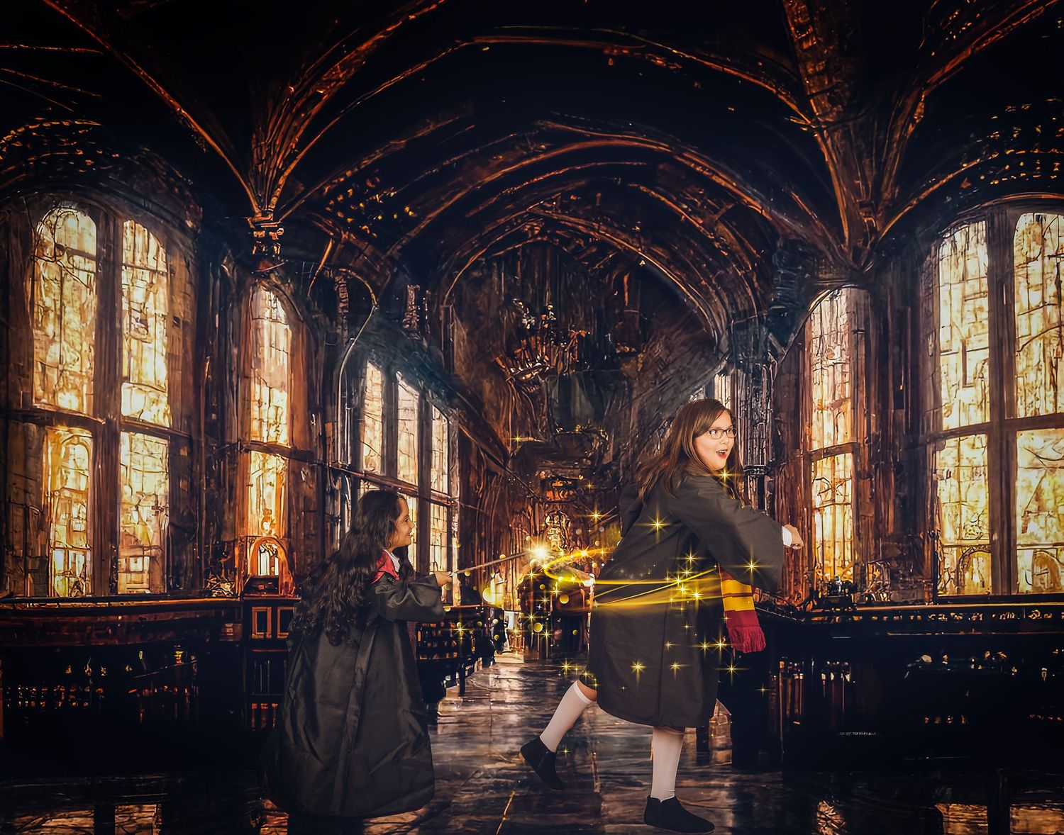 Gothic cathedral interior with stained glass windows and arched ceilings illuminated by warm candlelight.