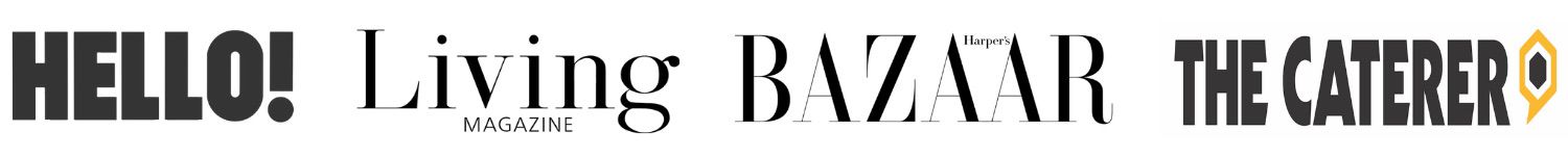 Magazine publication logos for Hello, Living Bazaar and The Caterer in black text.