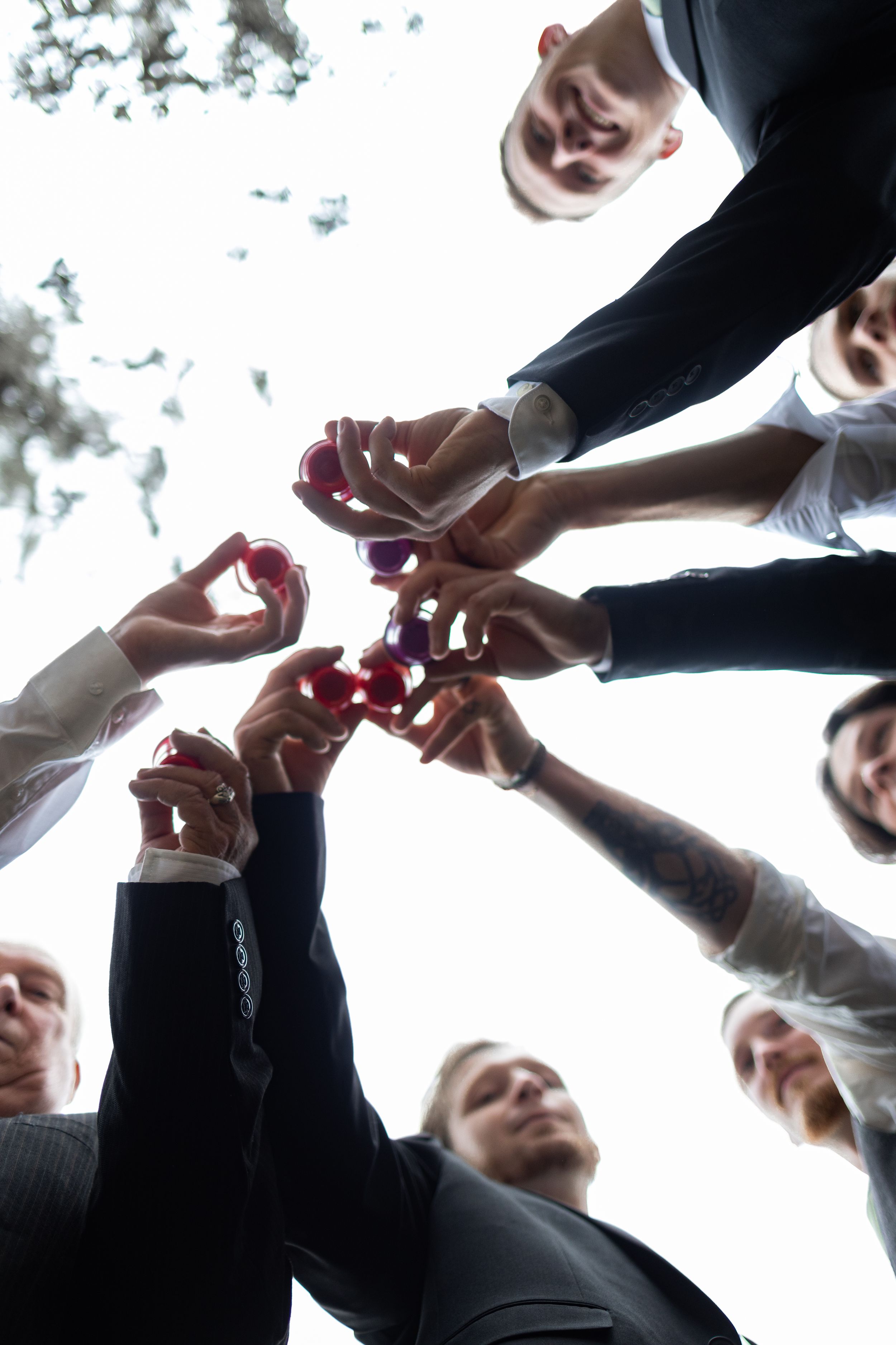A group of hands coming together in a celebratory toast while holding wine glasses from a low angle view.