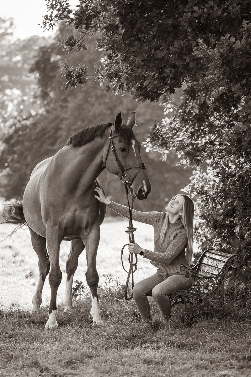 Black and white portrait of a horse and companion resting by trees on a peaceful afternoon.