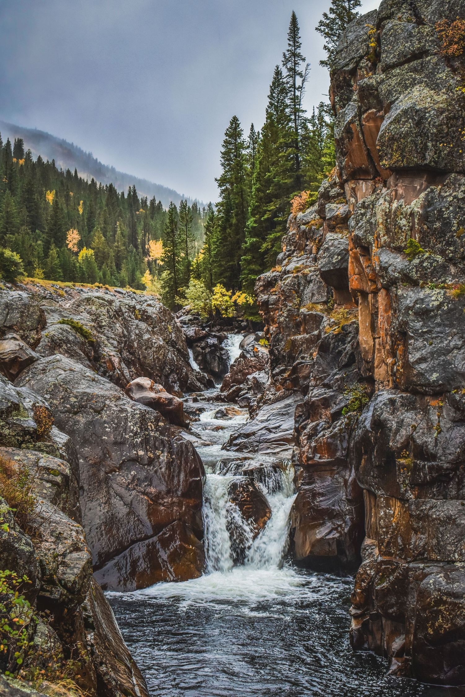 Gloomy Poudre Falls in Autumn - Northern Colorado