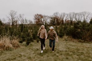 Two people walk hand in hand through a field of evergreen trees on an autumn day.