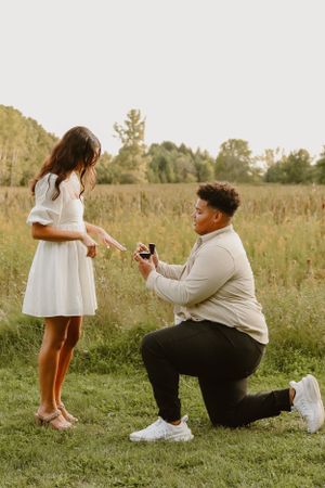 Marriage proposal in a sunlit meadow with one person kneeling and holding a ring.