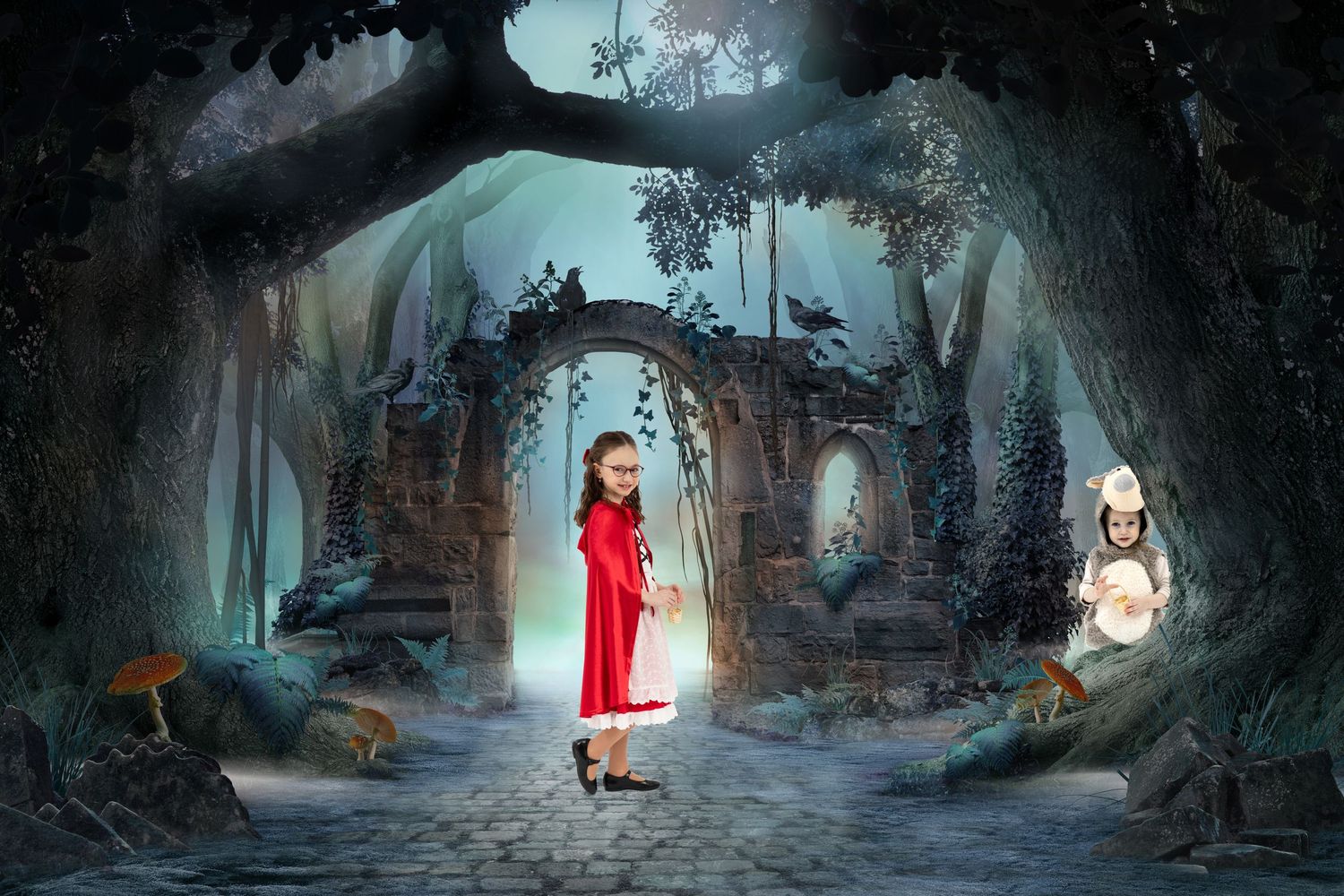 Fantasy forest scene with glowing archway and magical woodland creatures in misty setting.