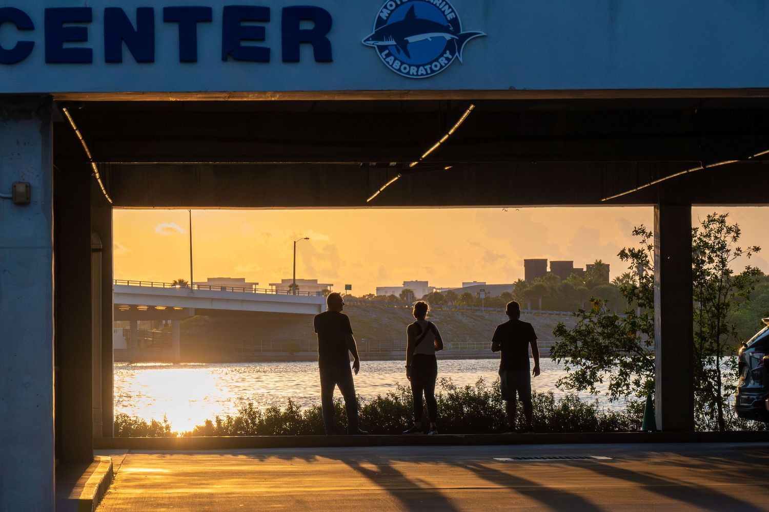 Three silhouettes watch the sunset through a building opening near the water.