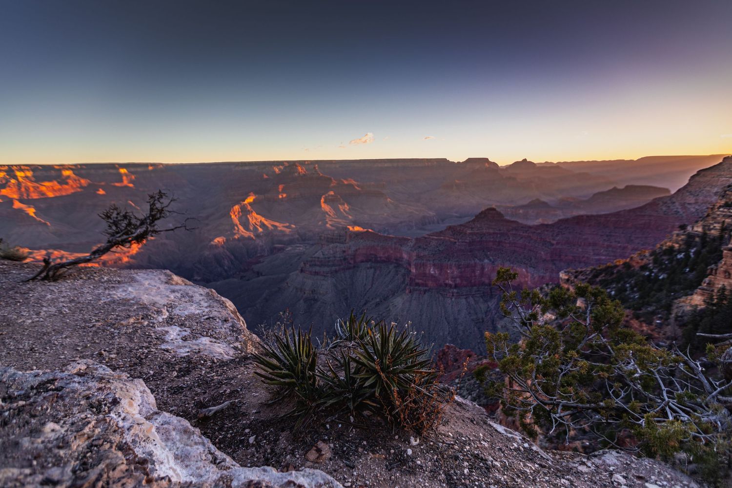 Sunset illuminates the Grand Canyon's layered rock formations from a scenic overlook.