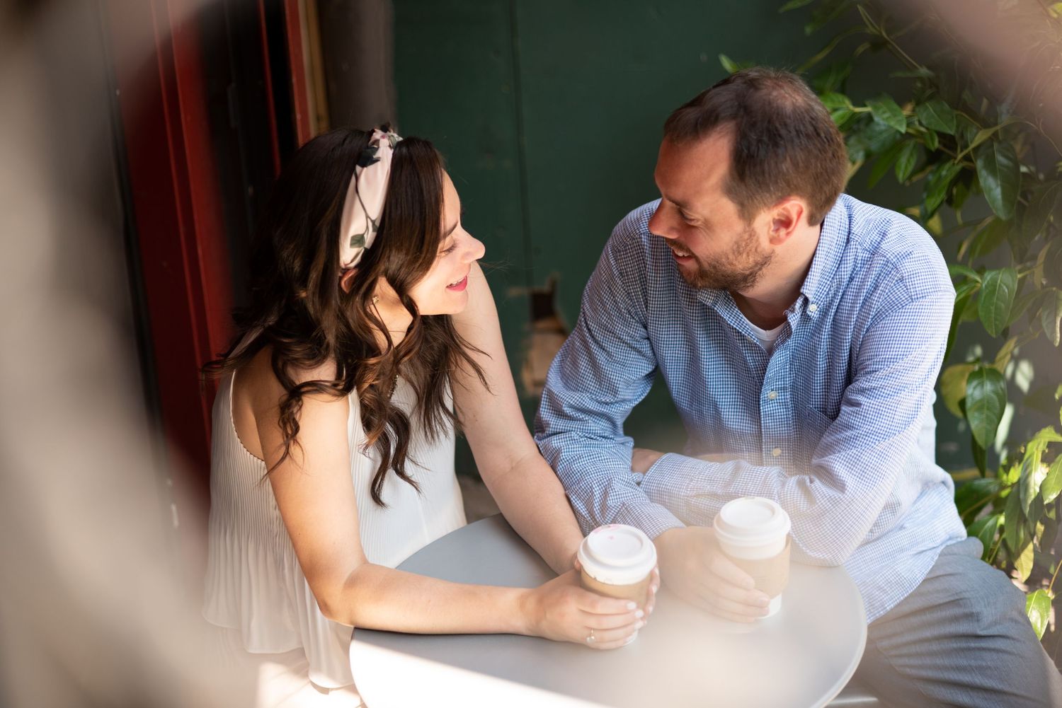 Engagement portraits outdoor cafe in Manhattan NYC New York destination engagement portraits Leah Ramuglia Photography