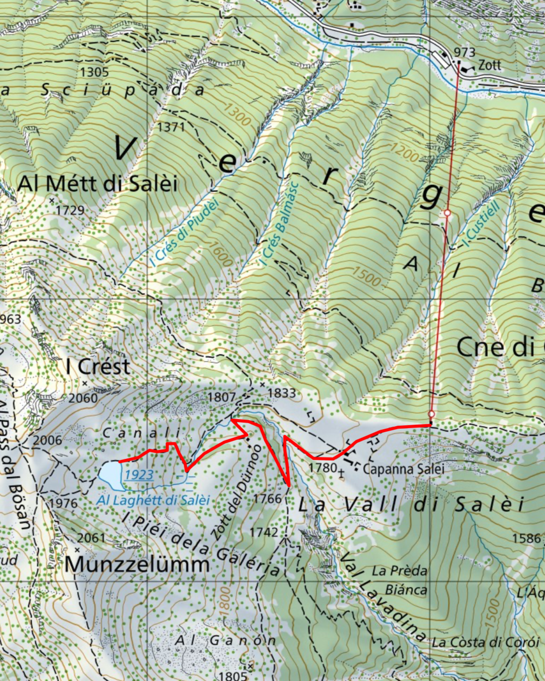 Topographical hiking map showing trails through mountainous terrain in the Salei Valley region.