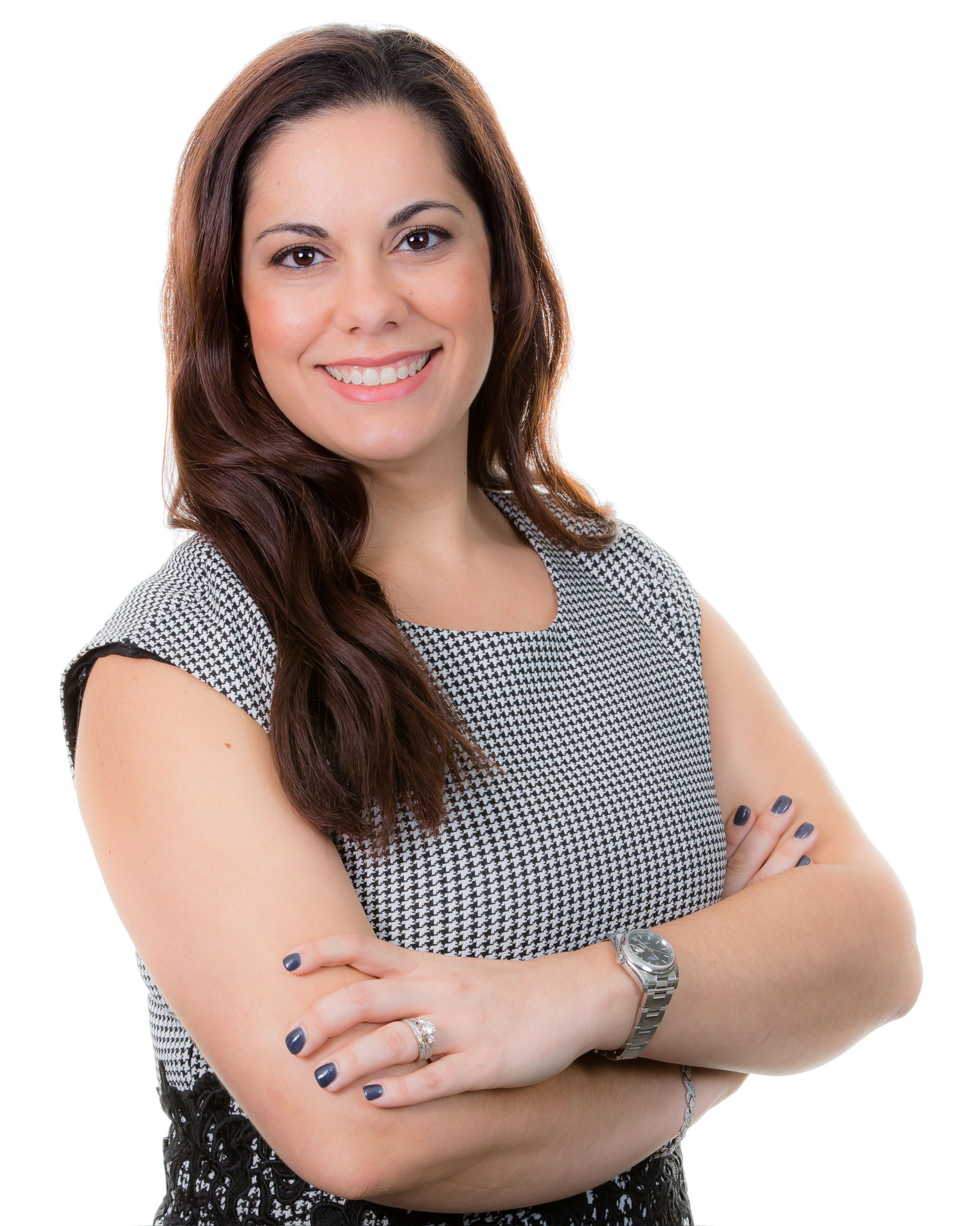 Professional headshot series of a woman in a houndstooth pattern top against white background.