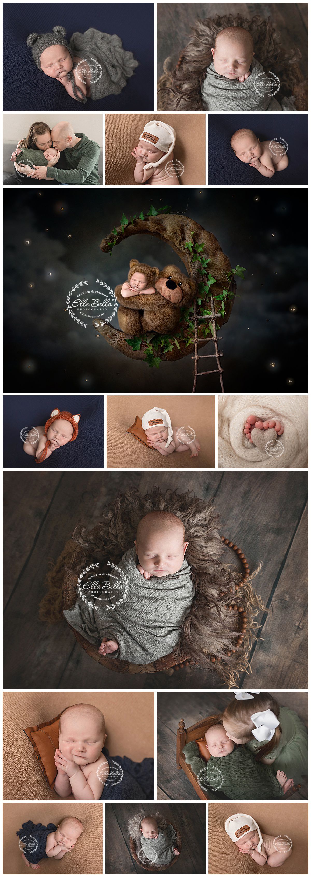 Professional newborn photo collage featuring various poses and dreamy woodland themed setups.