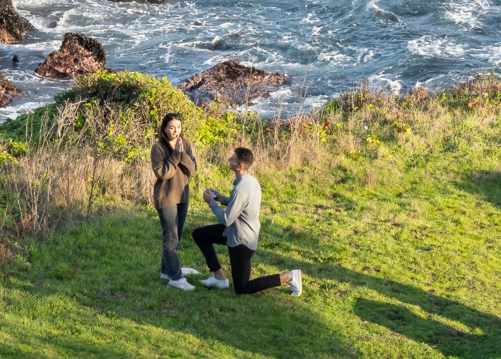 A special moment unfolds on a grassy cliff overlooking the dramatic Pacific coastline.