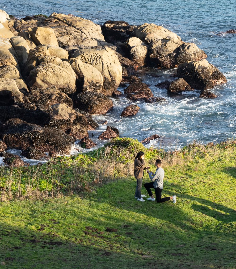 A romantic proposal moment by the rocky oceanside cliffs with crashing waves in the background.
