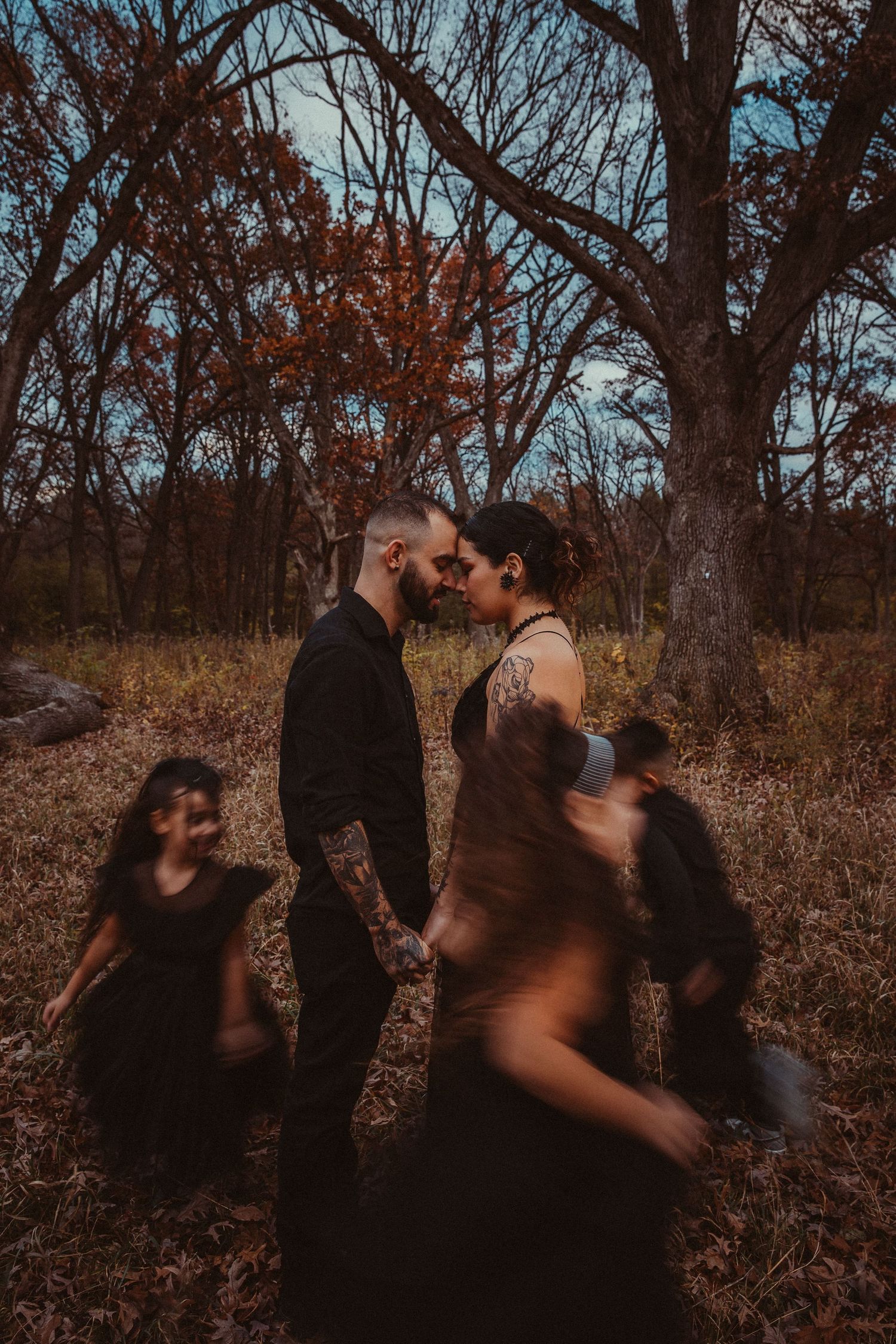 spooky chicago couple in illinois family photography at waterfall glen golden hour photos cinematic storytelling photogr